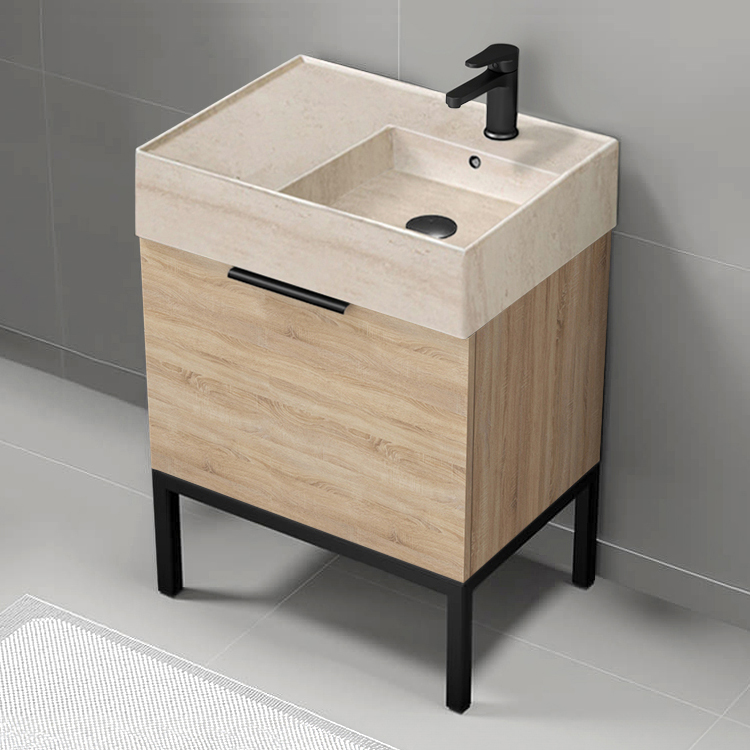 Nameeks DERIN840 Modern Bathroom Vanity With Beige Travertine Design Sink, Free Standing, 24 Inch, Brown Oak